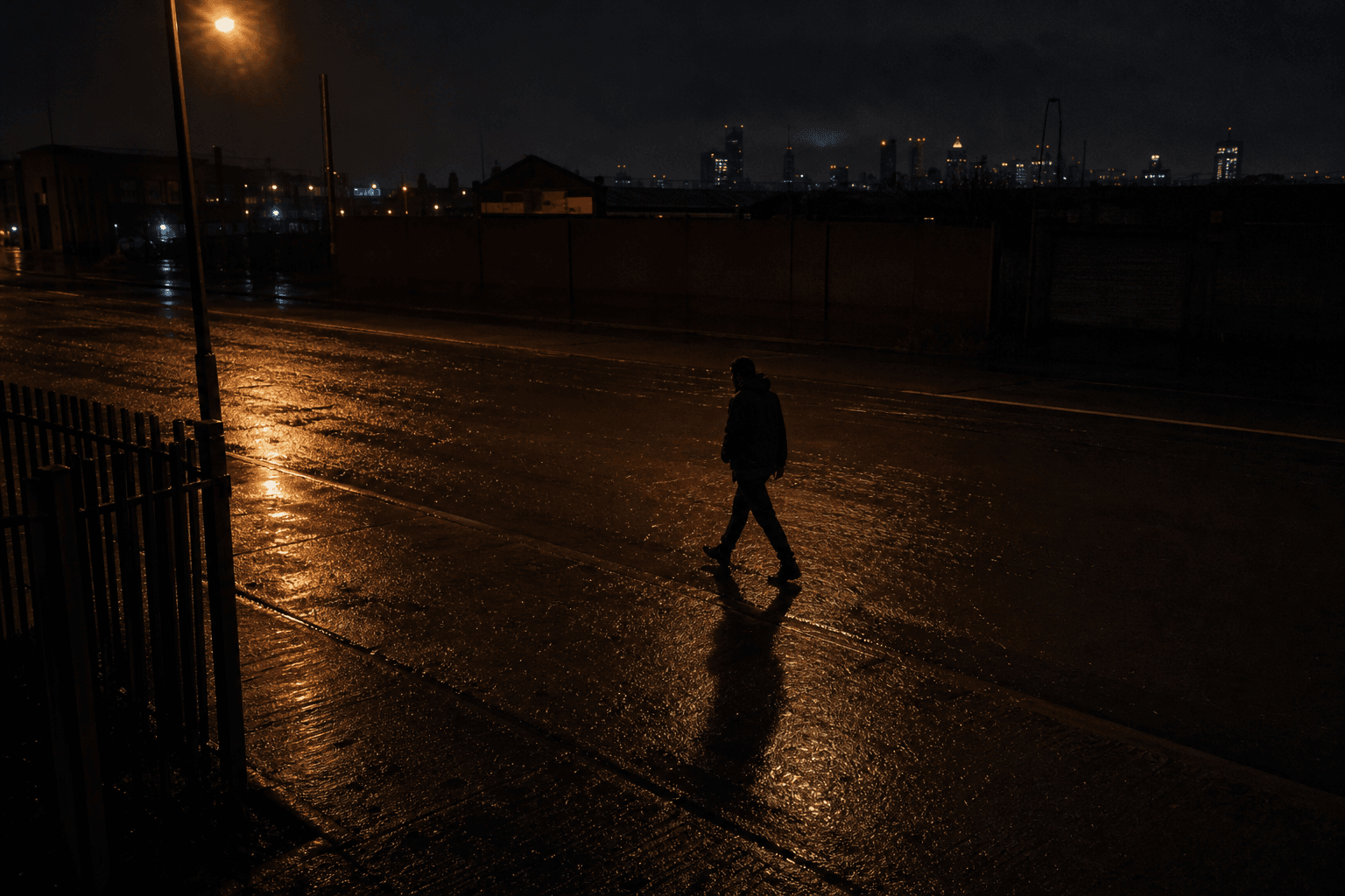Demo video frame F1, cinematic still of a figure on a dim wet street at night.