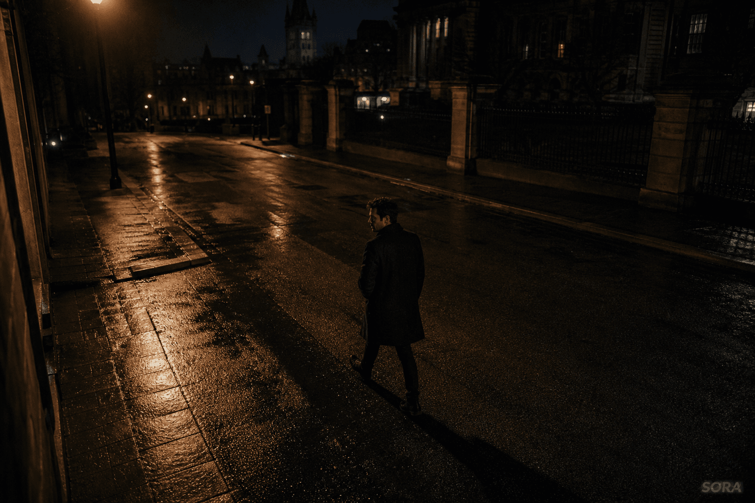 Demo video frame F2, cinematic still of a figure on a dim wet street at night.